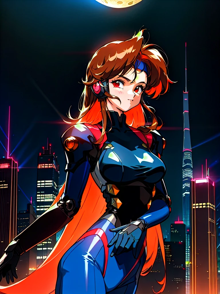 Kenichi Sonoda, retro art-style, 90s Japanese Anime Style, "bubblegum crisis", Sci-fi, Cyberpunk, Neon, (Amid the neon-soaked skyline of towering skyscrapers in mega Tokyo, 20-year-old anime beauty Priss stands alone on a gleaming skyscraper spire, bathed in the dazzling glow of the full moon. Her striking features are accentuated by a dark blue metal hard suit adorned with vibrant orange lines inspired by Syd Mead's industrial machine designs. Her brown medium-length hair frames her piercing gaze while she flashes a confident smile at the viewer. With fearless determination etched on her face, Priss is imposing and her entire presence exudes an aura of cool, stylish elegance. The smooth curves of her shadow, backlit by the moon, create a captivating silhouette, showcasing her unparalleled charm. (She takes off her uncomfortable full-face headset and lets her hair flow freely in the cool night breeze.), A beauty under the watchful eye of the city's towering skyscrapers.), 1girl, solo, The main character, "Priss", 20yo, anime beauty, Cool beauty, Unparalleled beauty, Brown medium length hair, forehead, red eyes, Cold and sharp eyes, harsh brushstrokes, dramatic lighting, A dark blue metal hard suit with orange lines has a sophisticated design, fearless look, an expression of ridicule, smile, Standing alone in the backlight, she looks cool and stylish, Standing, (looking at viewer), Extreme close-up photography of upper body:1.2, from below, Depth of field, character focus, (masterpiece, Award-winning work, extreme quality, ultra high definition, all intricate, overall detailed, very aesthetic, boast pompously, focus on entire screen, asymmetrical, raytraced, caustics, textile shading, incredibly absurd resolution, absolutely resolution, ultra high resolution, professional, vivid colors, 16k, perfect anatomy, ideal facial features, Beautifully detailed face, Beautifully detailed eyes, ideally proportioned figure, perfectly beautiful body),