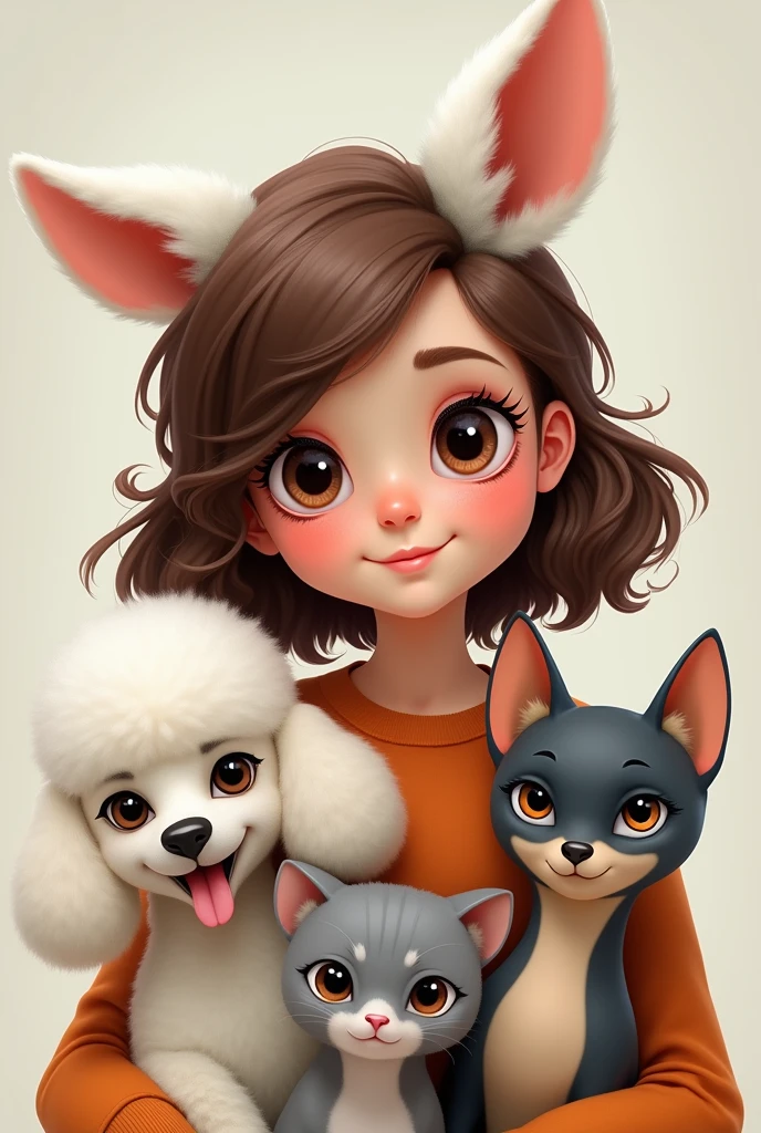 (First put a 23 year old girl with brown wavy hair combed to one side, slightly broad forehead and large brown eyes, Medium mouth with the lower lip slightly larger than the upper lip, chubby with slightly pink cheeks and short neck, with a wide texture; Second, put a white but flat poodle with ears that go from white to very light brown.; Third, put a light gray cat with white that goes from the eyes like a line and expands throughout the snout., with a pink nose and not so clear green eyes; Fourth, put a small, short-haired, white Chihuahua with only one eye and a brown circle around the eye.