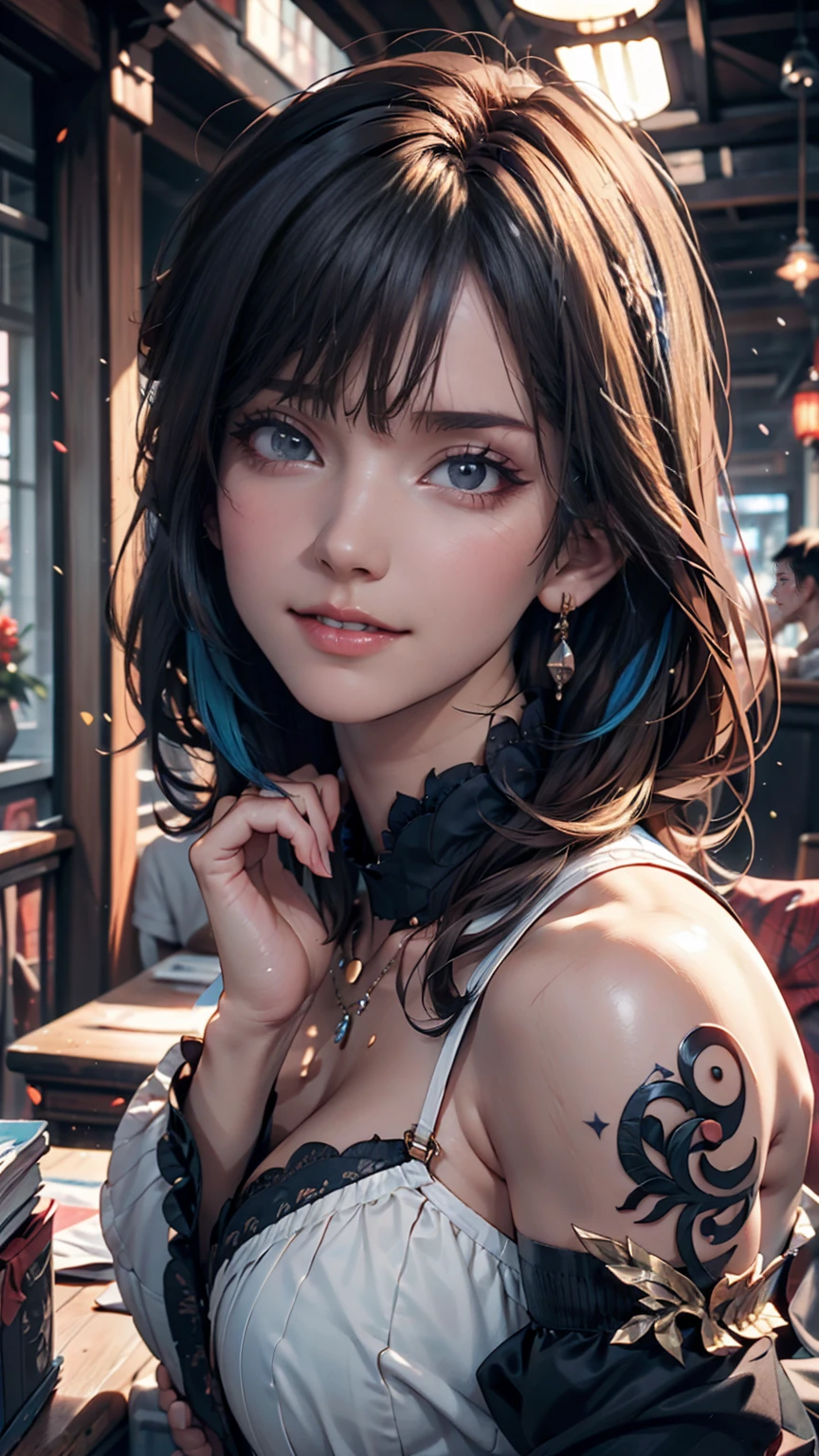 masterpiece, 最high quality, high quality, Very detailed CG uniform 8k wallpaper, One person, alone, Blue Hair, tattoo, short hair, Have, jewelry, smile, necklace, Looking at the audience, Have, Realistic, Upper Body, Best, nose, Exposing shoulders, artist name, Black tiara, clavicle, arm tattoo, blue eyes, lips, Blurry, oil, Award-winning photography, Bokeh, Depth of written boundary, High resolution, bloom, chromatic aberration, realism, Very detailed, artステーション 複雑, Attention to detail, dramatic, art:midjourney