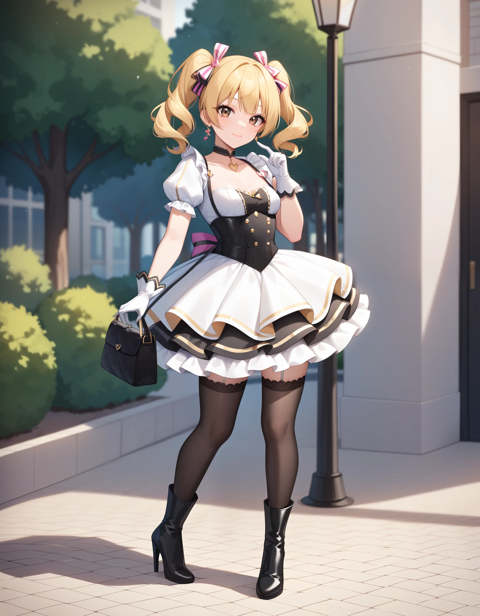 masterpiece, best quality, highly detailed, ultra high res, 1girl, , solo, brown eyes, hair ornament, short ash blonde hair, twin tails, hair ribbon, light smile, glossy lips, idol dress,idol costumes, short sleeves, puffy sleeves, very puffy skirt, flared skirt, puffy dress, party costumes, wearing black thighhighs, wearing white high heeled boots, boots, holding purses, handbag, outdoor, wearing white gloves, fullbody, park