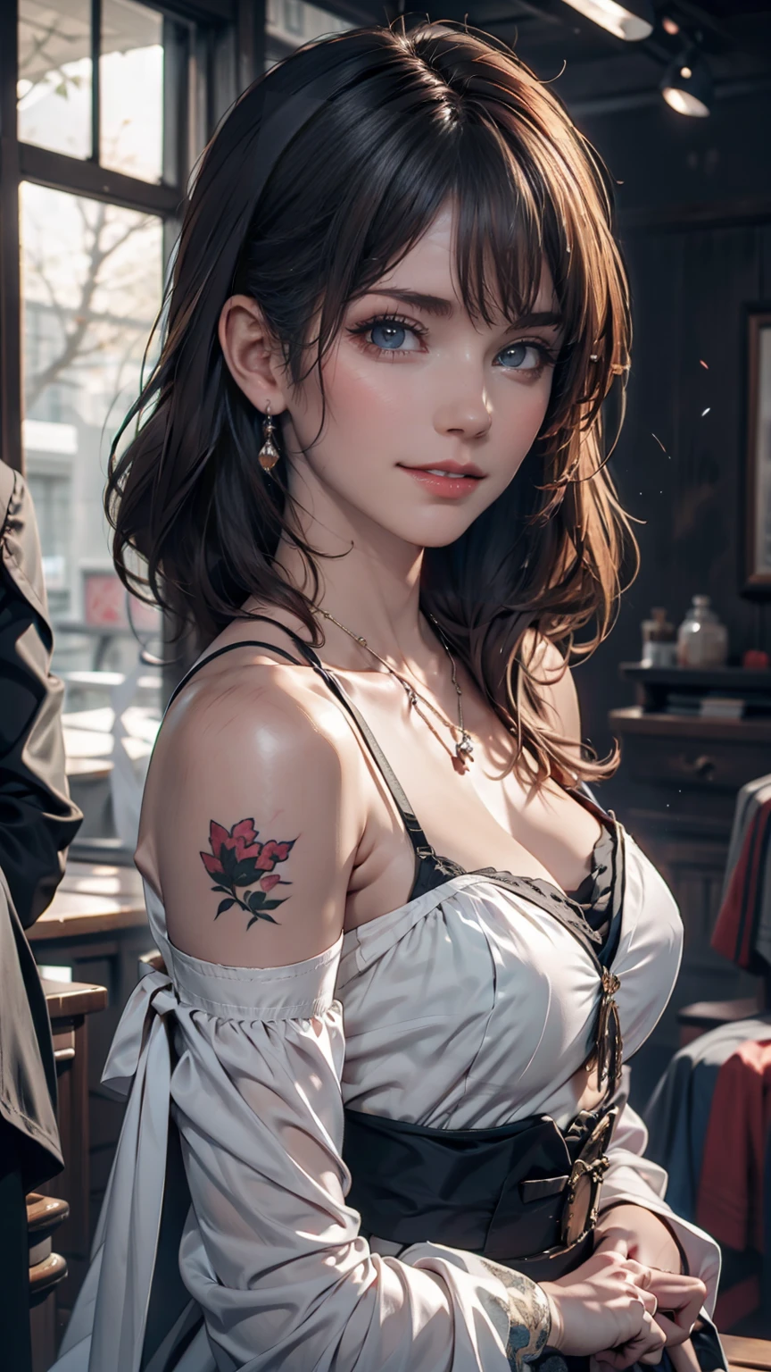 masterpiece, 最high quality, high quality, Very detailed CG uniform 8k wallpaper, One person, alone, Blue Hair, tattoo, short hair, Have, jewelry, smile, necklace, Looking at the audience, Have, Realistic, Upper Body, Best, nose, Exposing shoulders, artist name, Black tiara, clavicle, arm tattoo, blue eyes, lips, Blurry, oil, Award-winning photography, Bokeh, Depth of written boundary, High resolution, bloom, chromatic aberration, realism, Very detailed, artステーション 複雑, Attention to detail, dramatic, art:midjourney