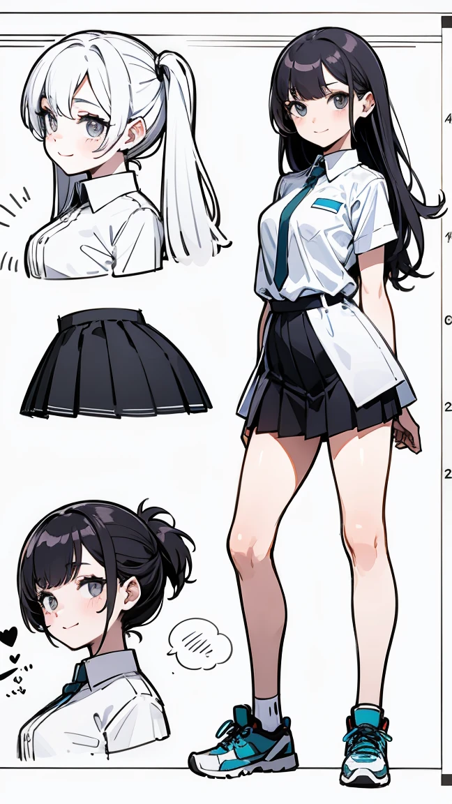 Remix tips Copy tips Top quality, Detailed face, Character Sheet,(((young woman:1.5))), ((whole body:1.2)), Full of details, multiple postures and expressions, Very detailed, depth, ung woman, No bangs, (Shortcuts, Grey sexy eyes, Straight hair, White shirt, Medium chest, High neck, strap, Suspense, Tight Skirt, White Running Shoes, Cute Style, Sexy smile and pose, ((Front view))
