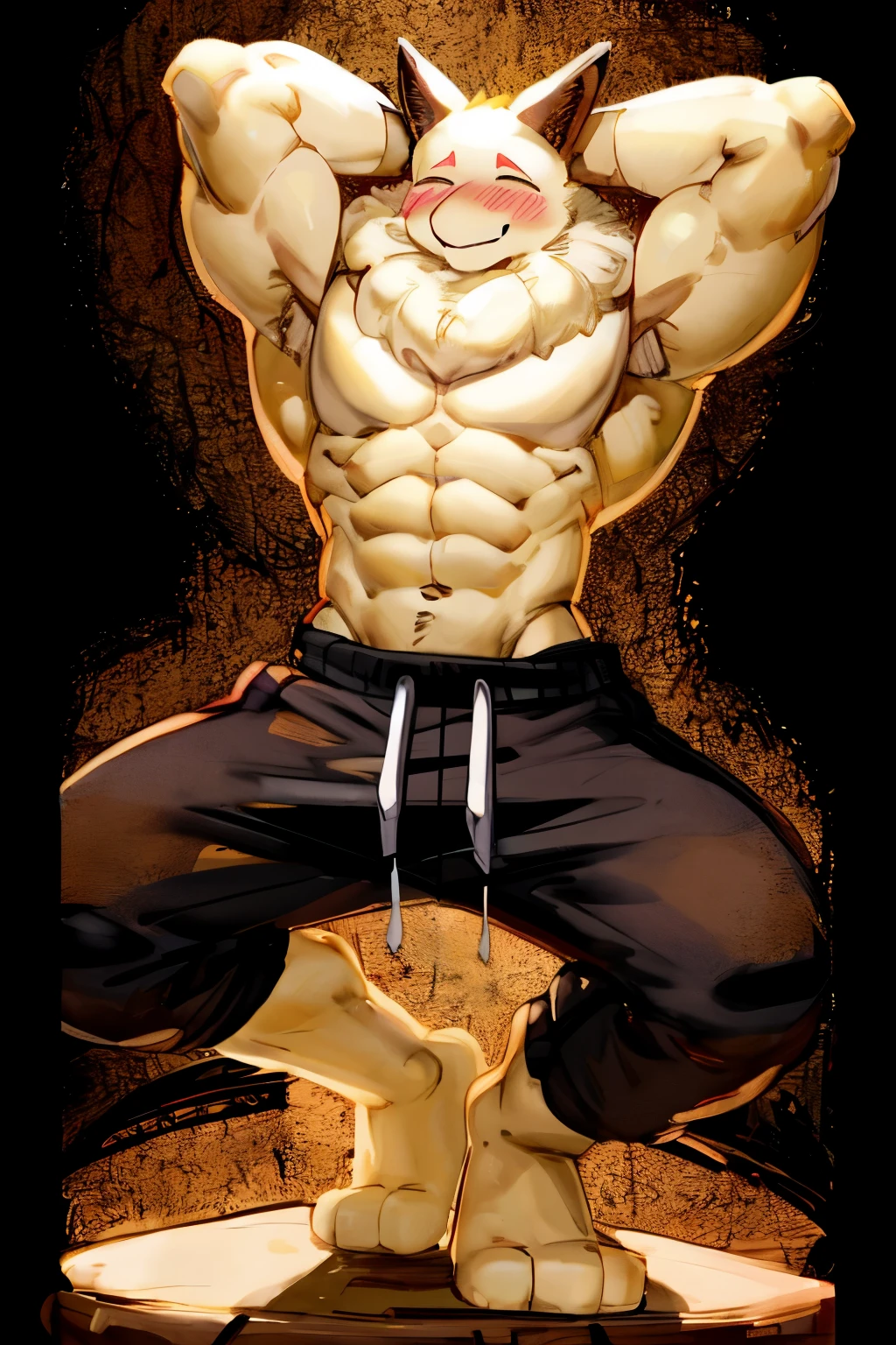 Furry, Anthro, solo, Hypno, Male, (((muscular body, massive male pectorals, yellow skin, fluffy neck, wearing white fur around neck))), ((((massive biceps, wide-eyed, head tilted, walking)))), ((((((massive bulky torso, hands behind head, happy, blushing, wearing black full male tanktop, wearing black sweatpants, barefoot)))))), full body, black/yellow spraypainted background, by buta99, by zackary911, by bebebebebe, (((digital painting)))