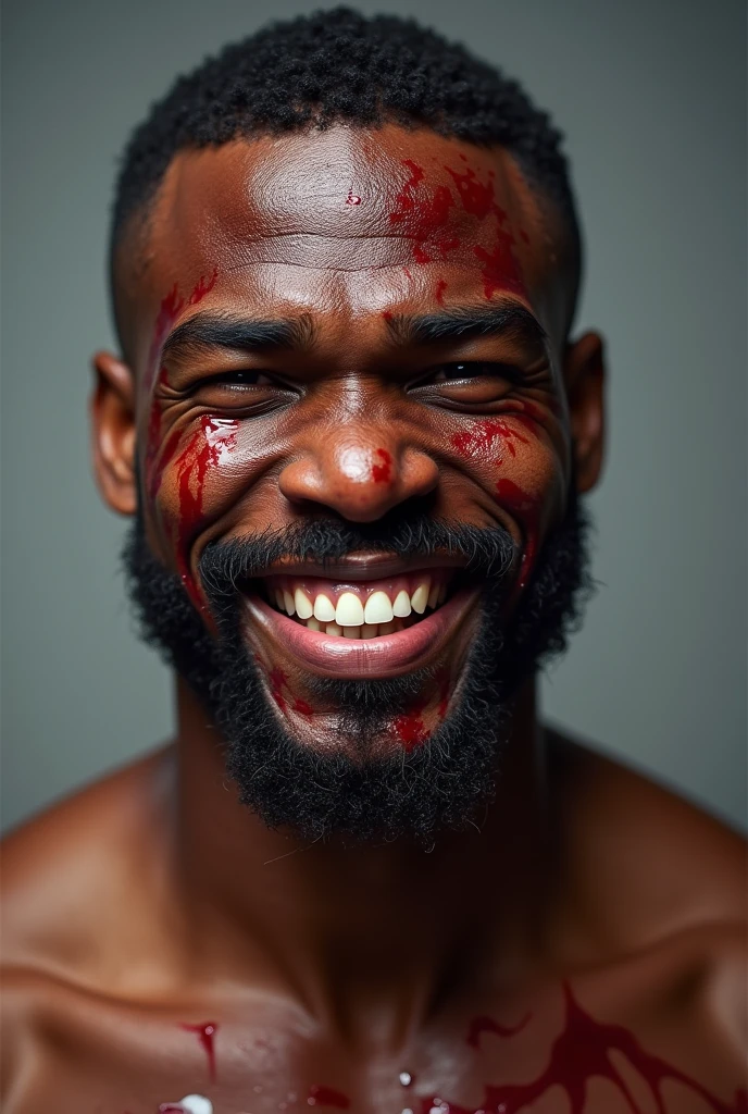 Black mma fighter smiling with face covered in blood
