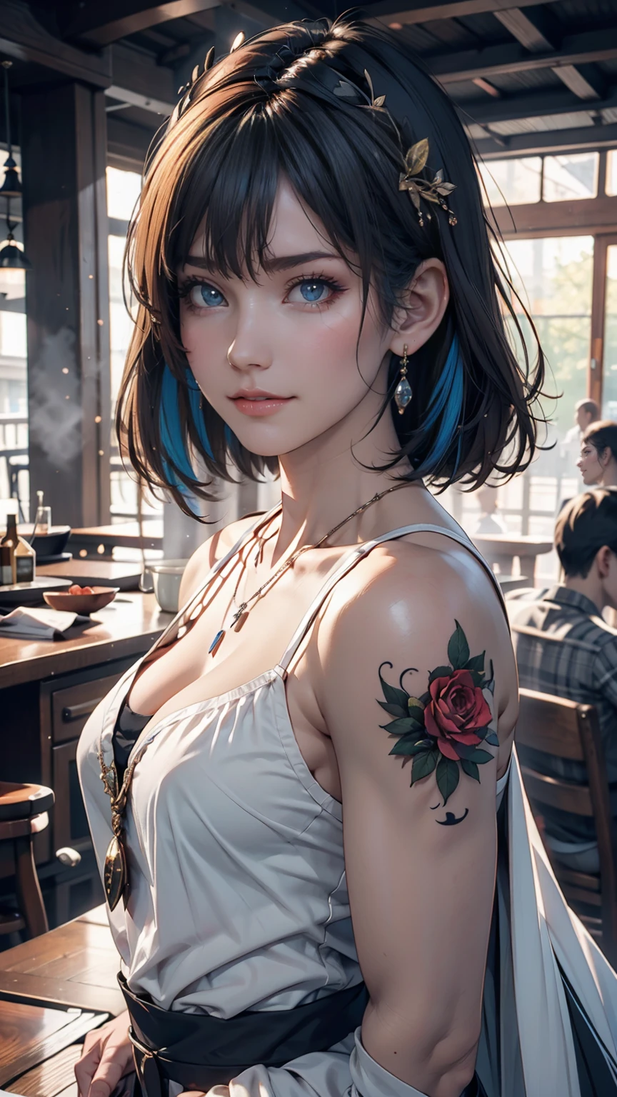 masterpiece, 最high quality, high quality, Very detailed CG uniform 8k wallpaper, One person, alone, Blue Hair, tattoo, short hair, Have, jewelry, smile, necklace, Looking at the audience, Have, Realistic,  Upper Body, Best, nose, Exposing shoulders, artist name, Black tiara, clavicle, arm tattoo, blue eyes, lips, Blurry, oil, Award-winning photography, Bokeh, Depth of written boundary, High resolution, bloom, chromatic aberration, realism, Very detailed, artステーション 複雑, Attention to detail, dramatic, art：midjourney