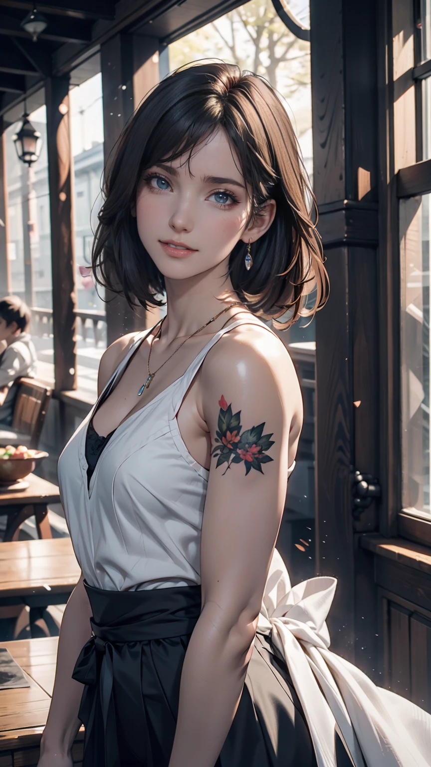 masterpiece, 最high quality, high quality, Very detailed CG uniform 8k wallpaper, One person, alone, Blue Hair, tattoo, short hair, Have, jewelry, smile, necklace, Looking at the audience, Have, Realistic,  Upper Body, Best, nose, Exposing shoulders, artist name, Black tiara, clavicle, arm tattoo, blue eyes, lips, Blurry, oil, Award-winning photography, Bokeh, Depth of written boundary, High resolution, bloom, chromatic aberration, realism, Very detailed, artステーション 複雑, Attention to detail, dramatic, art：midjourney