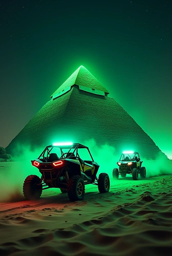 Two RZRs in Egypt in front of the Giza pyramid at night and all with green neon lights and stars in the sky