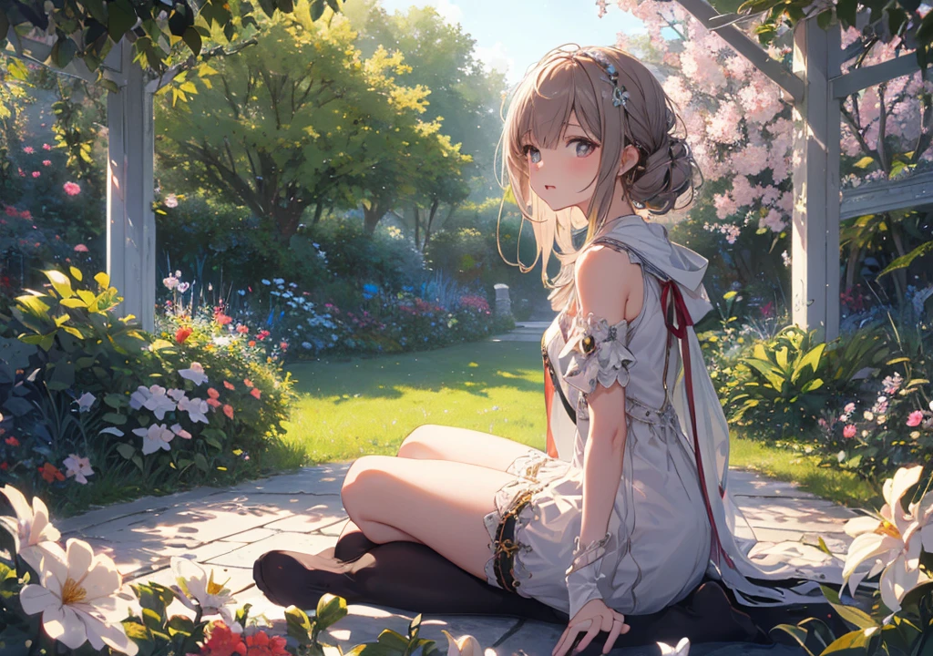 Realistic photos, Focus distance 10mm, Red and white, Beautiful girl, Realistic photos, Shooting at focus distance 10mm, masterpiece, 最high quality, high quality, Very detailed CG 8k wallpaper unit, Award-winning photography, Depth of written boundary, High resolution, bloom, chromatic aberration, Realistic, Very detailed, Art Station Trends, CGsociety Trends, Complex, High detail, dramatic, Art on the go, volumetric lighting, A beautiful girl in the style of a Disney princess is meditating in a secret garden. Hidden away amongst beautiful flowers, a calming and elegant garden, with a small spring in the background, creating a serene atmosphere, Shooting from an angle