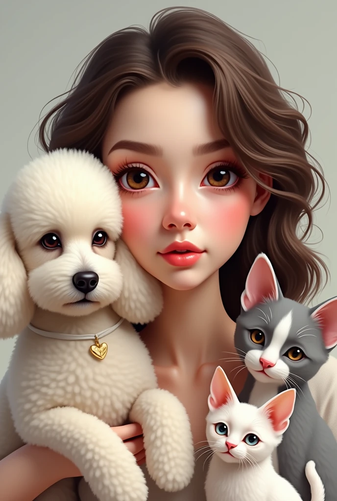 (First put a 23 year old girl with brown wavy hair combed to one side, slightly broad forehead and large brown eyes, Medium mouth with the lower lip slightly larger than the upper lip, chubby with slightly pink cheeks and short neck, with a wide texture; Second, put a white but flat poodle with ears that go from white to very light brown.; Third, put a light gray cat with white that goes from the eyes like a line and expands throughout the snout., with a pink nose and not so clear green eyes; Fourth, put a small, short-haired, white Chihuahua with only one eye and a brown circle around the eye.