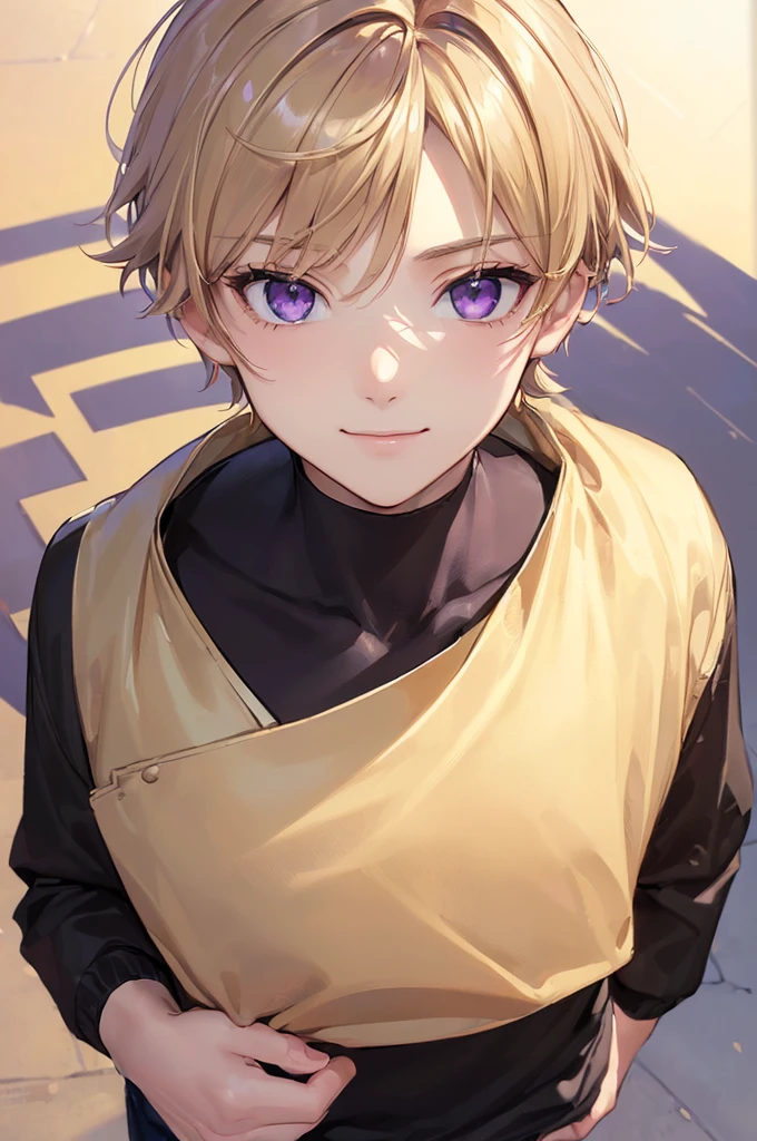 (((masterpiece; best quality: 1.2))), (finely detailed eyes: 1.3), ((ung male man)), ((solo)), (purple eyes: 1.4), (body shape; lean, masculine, manly: 1.3), (very short blond hair: 1.3), (beautiful and clear background: 1.2), ((depth of field)), (equipment: beige jacket + black t-shirt + black watch: 1.3), (anime illustration: 1.2), (background composition; public park + day: 1.1), (extremely handsome: 1.1), (shot composition; standing + centered on face + bust close-up: 1.5), (facial expression; calm, smile: 1.2)