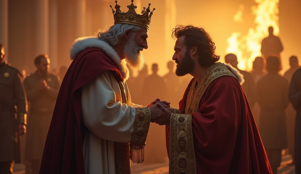 A KING MAKING A GESTURE OF LOVE AND COMPASSION TOWARDS SOMEONE