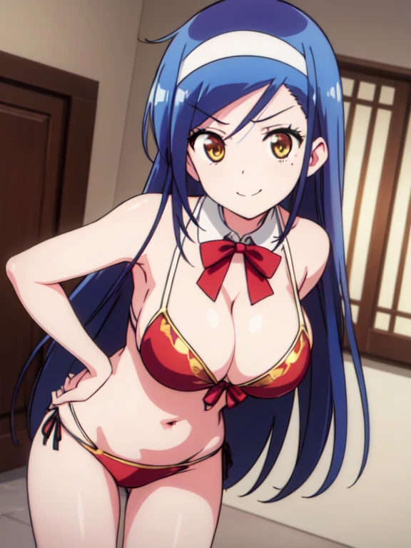  masterpiece, best quality, large breasts, 1girl, solo, arrogant face, looking at viewer, front, big breasts, front, cleavage, both hands on hips, evil smile, breast focus, smirk, height 145cm, red bikini, fumino furuhashi