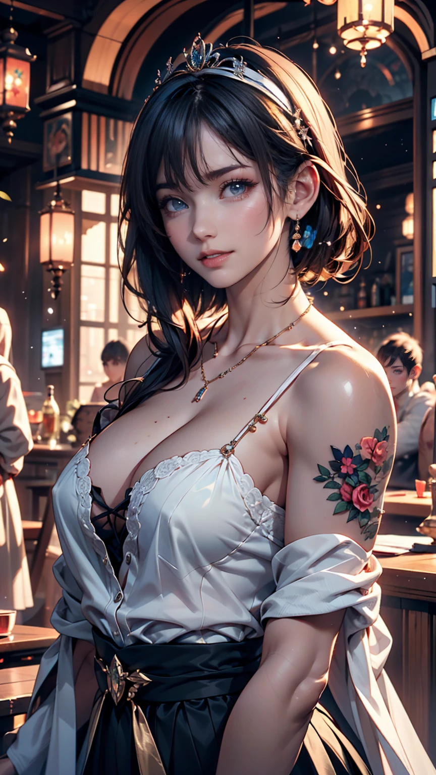 masterpiece, 最high quality, high quality, Very detailed CG uniform 8k wallpaper, One person, alone, Blue Hair, tattoo, short hair, Have, jewelry, smile, necklace, Looking at the audience, Have, Realistic, Upper Body, Best, nose, Exposing shoulders, artist name, Black tiara, clavicle, arm tattoo, blue eyes, lips, Blurry, oil, Award-winning photography, Bokeh, Depth of written boundary, High resolution, bloom, chromatic aberration, realism, Very detailed, artステーション 複雑, Attention to detail, dramatic, art:midjourney