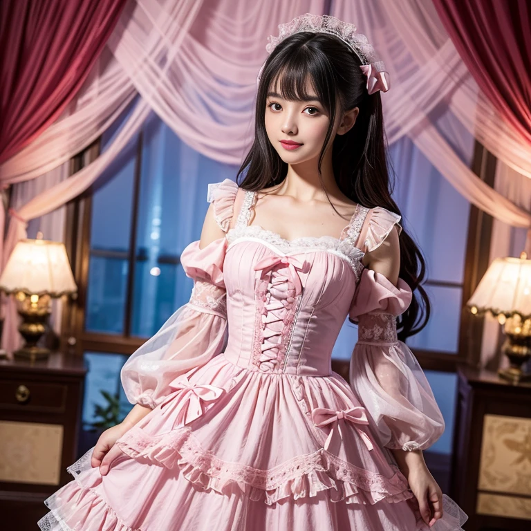 daytime,Side shot,In front of the amusement park castle,,skyscraper, best quality, Delicate face,beautiful visual work, lifelike, eternity, black hair, Long curly hair, blunt bangs, Smile, Detailed Background, Delicate face,pink blush,cold,((masterpiece))、(top quality)、8k、high detail、Super detailed,31 years old female,Wearing lolita dress、Seductive and whimsical style、masterpiece、born、Scenes resembling fairy tale illustrations、Intricate details and complex designs、Beautifully、magic、capricious、 Beautifully、Dream aesthetics、「𝓡𝓸𝓶𝓪𝓷𝓽𝓲𝓬、ethereal、charming、fickle、magic」、Realism、Visual effects、FXAA、SSAO、Shaders、voiceless、ambient lighting、Tone mapping、High resolution、Ultra high quality、Million pixels、(8K resolution:1.10)、8k、Below 8K、8K resolution、high detail、intricate details, (high quality:1.2、masterpiece:1.2、:1.21)、(31 years old female:1.21)、(Smile excitedly)、(Surrounded by the dreamy atmosphere、Model diagram,full-body shot,Normal 2 feet,Don't show your fingers,pink dress, lots of lace,layered dress, Long sleeve,Puff sleeves,Transparent sleeves,Bow at the back of the waist, Skirt length to calf, cupcake dress, Layered skirt with lace on each layer, Wear a LOLITA dress, layered dress, Pink lolita skirt, lots of lace, Long sleeve, Wide sleeves, Big skirt, layered lace skirt, Puff sleeves, Wide sleeves, Transparent sleeves子, intricate details showcase the ruffles and intricate designs of the Lolita dress, Wearing a lolita dress, Bow at the back of the waist, Skirt length to calf, cupcake dress, Layered skirt with lace on each layer, Wear a LOLITA dress, layered dress, Pink lolita skirt, lots of lace, Long sleeve, Wide sleeves, Big skirt, layered lace skirt, Puff sleeves, Wide sleeves, Transparent sleeves子, intricate details showcase the ruffles and intricate designs of the Lolita dress, Wearing a lolita dress, Cold Heat,mature woman, There are many bows on the dress