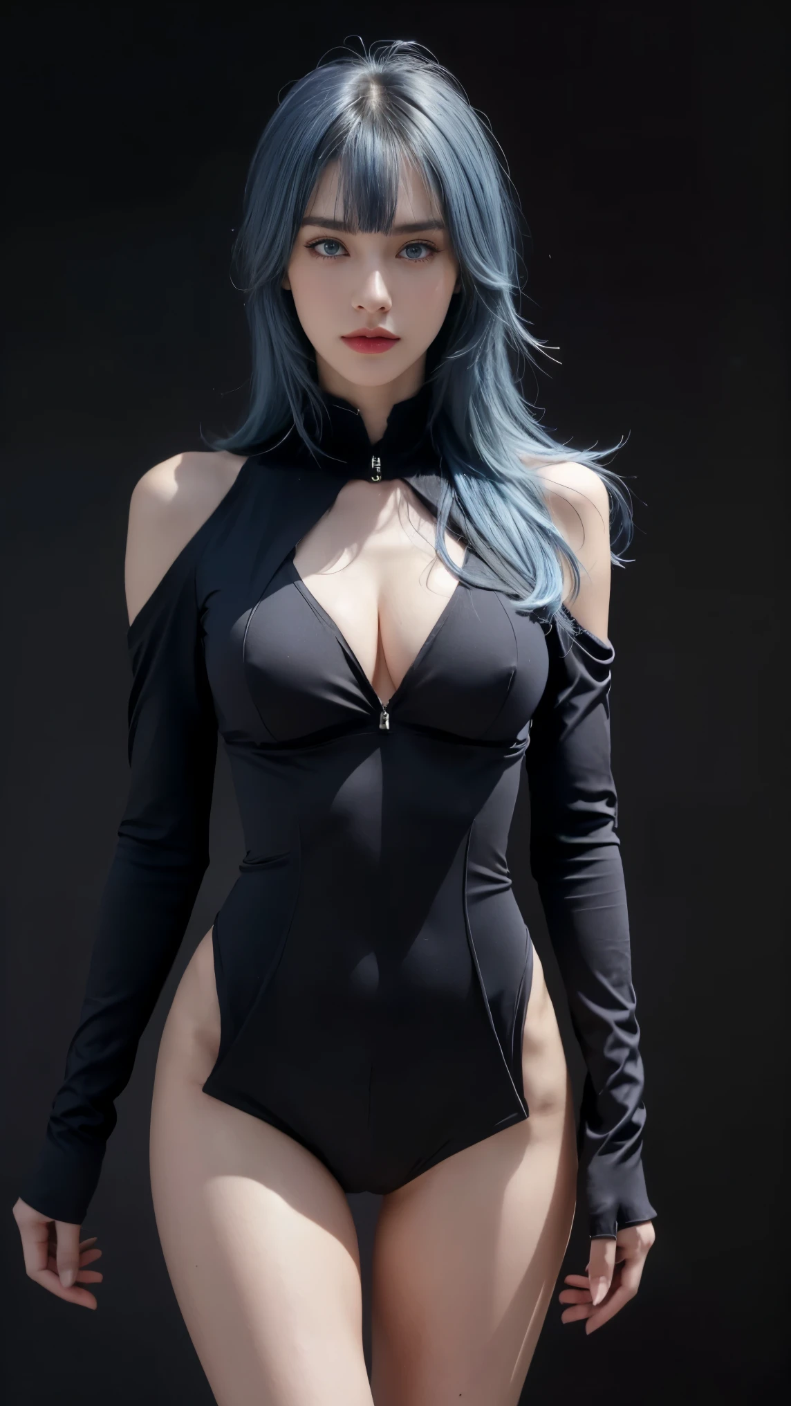 8K, Top Quality, Intricate Details, Ultra Detail, Ultra High Resolution, Masterpiece, selfie, selfie shot (selfie, selfie shot, portrait), ((close up shot, face shot, close up shot, portrait, face shot, passport shot, very close up shot, )), (full body: 1.1), Slender, Smile, (Makeup: 0.4), ((sexy pose,)), (Fluffy blue Eyes: 1.21), (()), 1girl, solo, 1 girl, ((bangs, blue hair, bangs, , bangs )), close up shot, , ((tall)), (((fit body))), (((slim face))), sharp face, ((, wind blow hair, )),skin tight suits, ((,bare shoulder, skin tight suits,) ,skin tight suits, (detailed face), sharp face, small lips, perfect hands, ((walking pose, walk pose)) , ((, ,)), , ((cleavage, ,)),, detailed face, detailed breast,, huge breast , (()), detail ass, Narrow Waist, Skinny, tall , 175 cm tall, Muscular, Navel, Exposed Abdomen, Pointed Chest,, Beautiful girl with accentuated slender abs: 1.4, Six Pack Abs: 1.4, Bust Botox, Big, Perfect Body, detail leg, (( dark background)), black background,