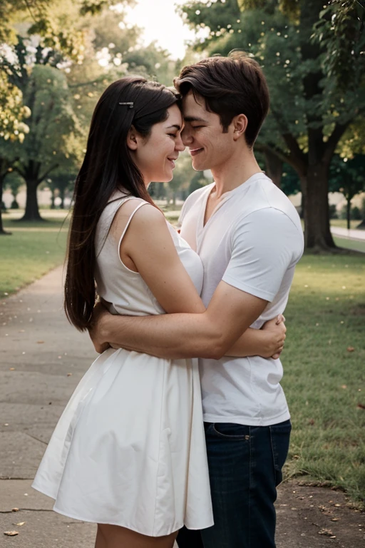 A beautiful couple of lovers hugging each other happily in a beautiful park