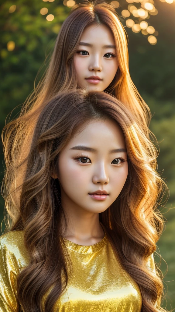 a beautiful young korean girl, golden angel, long golden hair, golden background, frontal view, centered composition, detailed facial features, beautiful eyes, cute expression, long sleeve dress, best quality, 8k, highres, masterpiece, ultra-detailed, realistic, photorealistic, cinematic lighting, warm color palette, ethereal, magical, elegant, serene