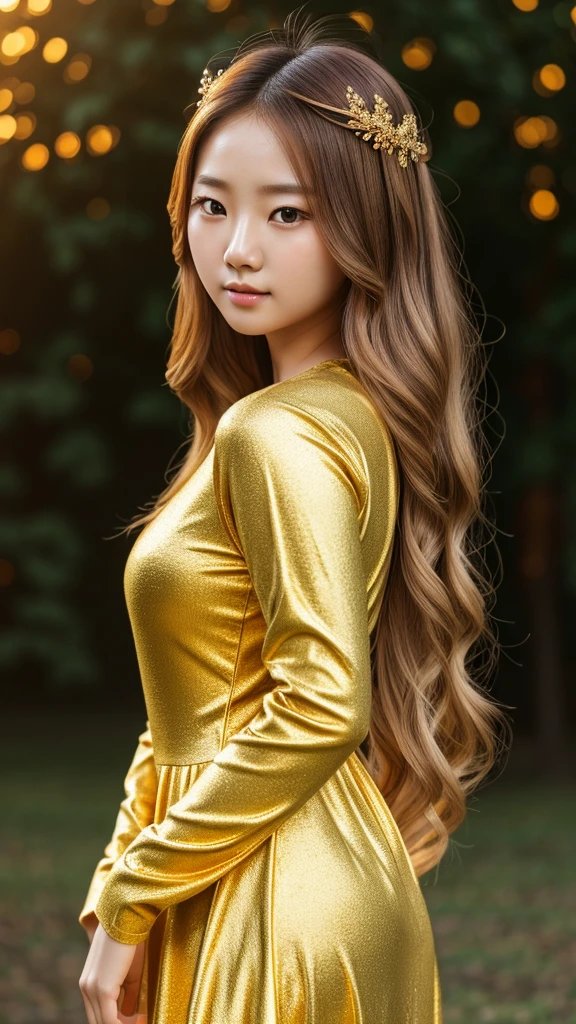 a beautiful young korean girl, golden angel, long golden hair, golden background, frontal view, centered composition, detailed facial features, beautiful eyes, cute expression, long sleeve dress, best quality, 8k, highres, masterpiece, ultra-detailed, realistic, photorealistic, cinematic lighting, warm color palette, ethereal, magical, elegant, serene