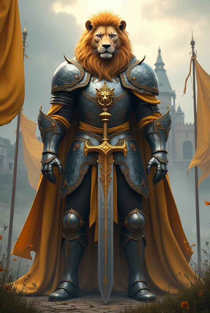 "Create an image 3d real of a majestic lion knight standing tall and proud in a medieval, fantasy-inspired setting. The knight has the powerful, regal body of a lion, with a golden mane that flows like a king’s crown, framing a face that combines both fierce, feline features and noble, human-like expressions. His eyes are sharp and intelligent, glowing with a deep wisdom and strength.
He is clad in a magnificent suit of armor, forged to fit his imposing, muscular form. The armor is intricately designed with a mix of ornate engravings and battle-worn scars, with plates that shimmer in silver and gold hues, reflecting the light. The chest plate features a prominent lion emblem, symbolizing his royal lineage and indomitable spirit. His gauntleted hands grip a massive, double-edged sword, the blade etched with ancient runes that pulse with a faint, magical light.
The background reveals a misty, ancient battlefield, with the remnants of a grand castle visible in the distance. The sky is overcast, with beams of sunlight breaking through the clouds, casting a dramatic glow over the scene. Around him, banners flutter in the wind, some tattered from previous battles, while the earth beneath his feet is a mix of lush grass and worn cobblestone, hinting at the battles fought and won