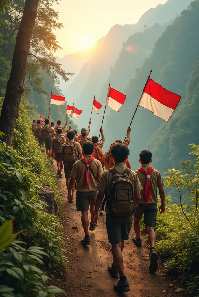 A dynamic portrait of a group of Indonesian scouts taking part in a cross-country activity in the mountains while celebrating Scout Day.. The scouts, with brown uniform and red and white tie, walking side by side along the steep path, surrounded by green and misty mountain views. In the distance, view of the majestic mountains and dense tropical forests. Several scouts are seen holding red and white flags, while others carry backpacks with scouting equipment. The morning sun shines on the path, giving off a golden light that illuminates the faces full of enthusiasm and pride. An atmosphere full of adventure and fighting spirit.