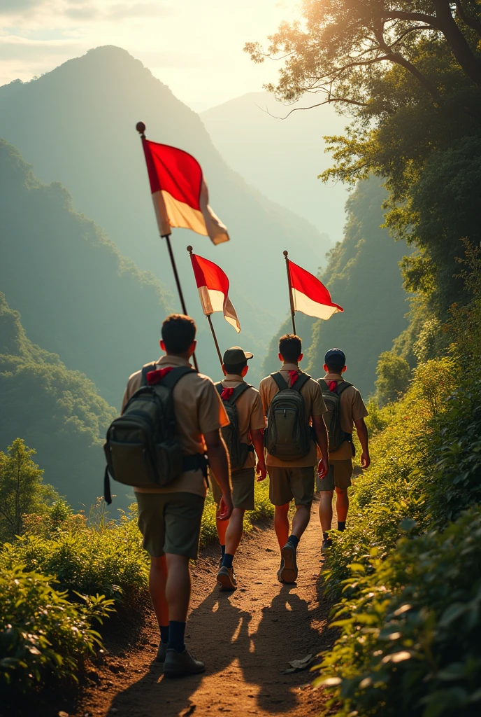 A dynamic portrait of a group of Indonesian scouts taking part in a cross-country activity in the mountains while celebrating Scout Day.. The scouts, with brown uniform and red and white tie, walking side by side along the steep path, surrounded by green and misty mountain views. In the distance, view of the majestic mountains and dense tropical forests. Several scouts are seen holding red and white flags, while others carry backpacks with scouting equipment. The morning sun shines on the path, giving off a golden light that illuminates the faces full of enthusiasm and pride. An atmosphere full of adventure and fighting spirit.