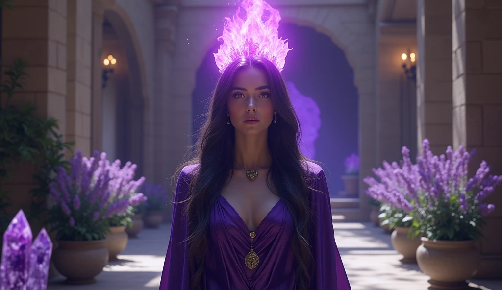 woman with STYLISH violet priestess cape, On top of your head, a large violet flame comes out of the crown, convey depth, in the background the hall of a house , pots with aromatic herbs, Lavender, mint and lots of big crystals, an amethyst cave in the house
