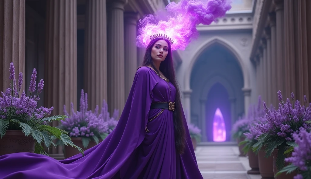 woman with STYLISH violet priestess cape, On top of your head, a large violet flame comes out of the crown, convey depth, in the background the hall of a house , pots with aromatic herbs, Lavender, mint and lots of big crystals, an amethyst cave in the house