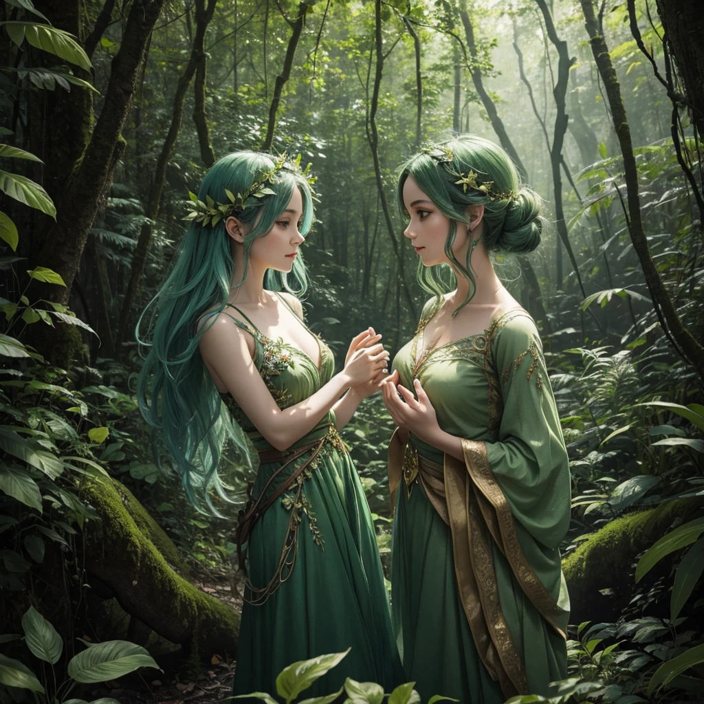"A small Leaf Fairy emerging from the depths of a lush forest. She has flowing green hair, delicate wings resembling leaves and flowers, and eyes that exude the vitality of nature. Although she appears to be in her early 20s, her true age is unknown, adding to her enigmatic aura. She is dressed in modest, plant-based clothing that emphasizes her deep connection with the earth. The fairy has a gentle and calm expression with a motherly smile that radiates warmth and serenity. The background is a vibrant, enchanting forest with trees and foliage, creating a mystical atmosphere as the fairy emerges from the natural surroundings."