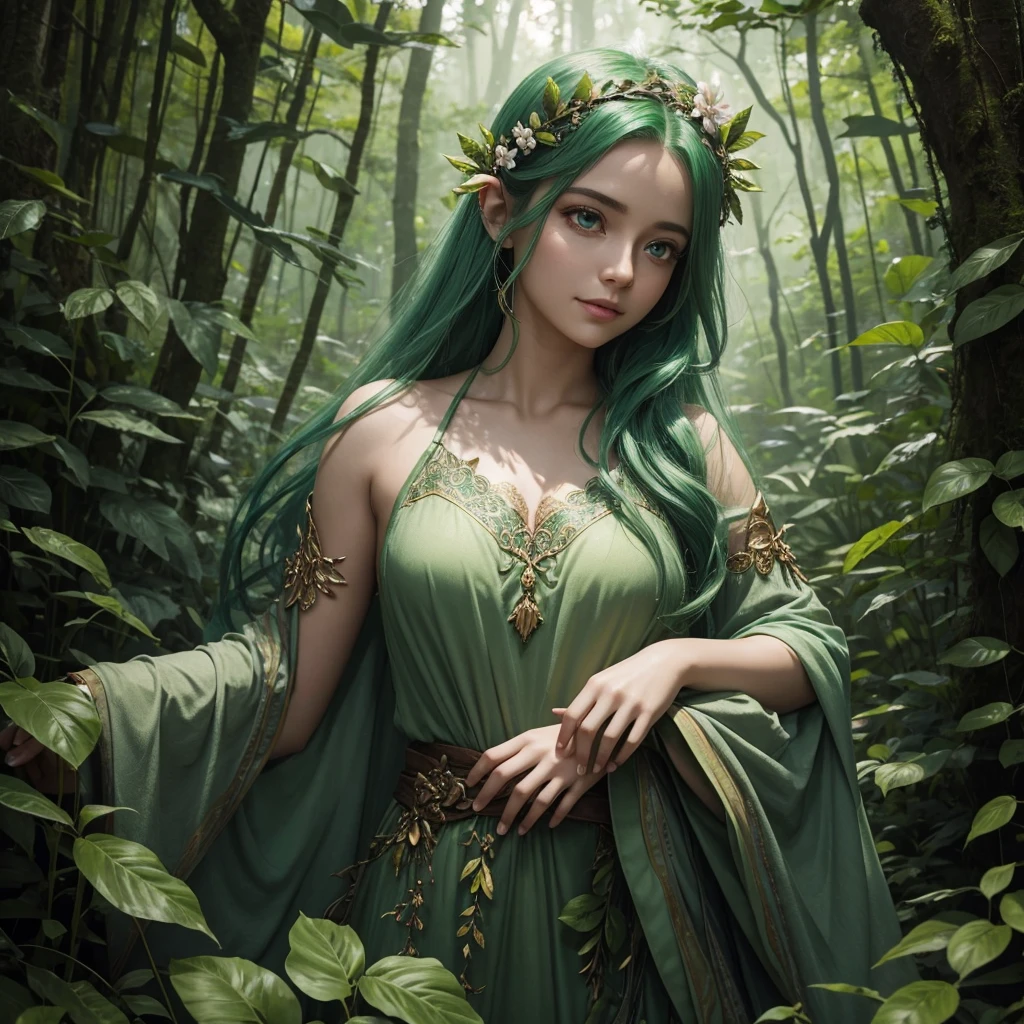 "A small Leaf Fairy emerging from the depths of a lush forest. She has flowing green hair, delicate wings resembling leaves and flowers, and eyes that exude the vitality of nature. Although she appears to be in her early 20s, her true age is unknown, adding to her enigmatic aura. She is dressed in modest, plant-based clothing that emphasizes her deep connection with the earth. The fairy has a gentle and calm expression with a motherly smile that radiates warmth and serenity. The background is a vibrant, enchanting forest with trees and foliage, creating a mystical atmosphere as the fairy emerges from the natural surroundings."