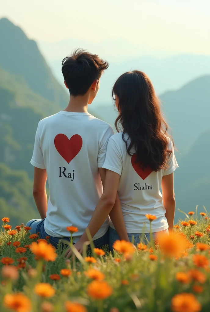 A young cute couple, enjoying a peaceful moment on a flower garden peak, both wearing white T-shirts. The boy's T-shirt has the name 'Raj' written in deep black letters, positioned above a red heart ❤️. Similarly, the girl's T-shirt features the name 'Shalini' in dark black letters, also above a red heart ❤️.