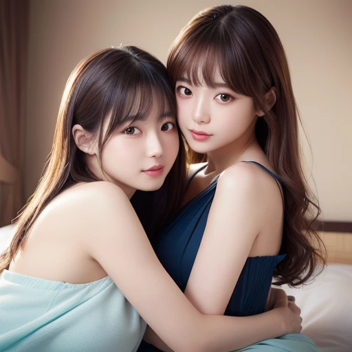 (Highest quality、4K、8k、High resolution、masterpiece:1.2)、Very detailed、(Real、Photorealistic、Photorealistic:1.37)、(japanese two girls)、 kiss and hugging 、on the bed、topless、(hair style:Random)、(hair color:Random)