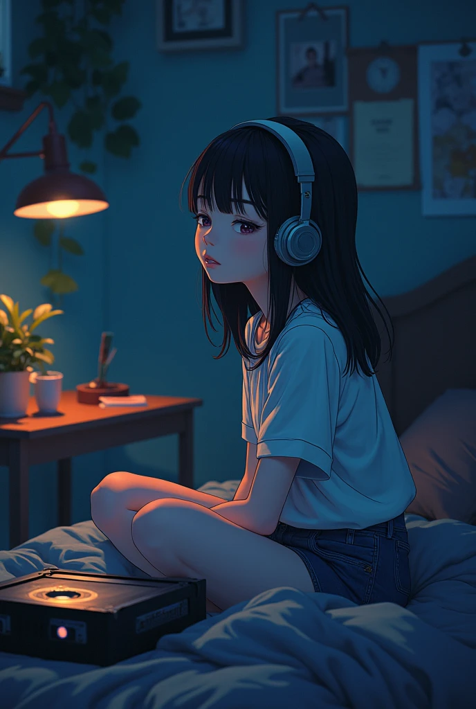 Girl listening to music in cozy room at night, Use headphones, 2D style anime, lo fi, hard disk, dark environment