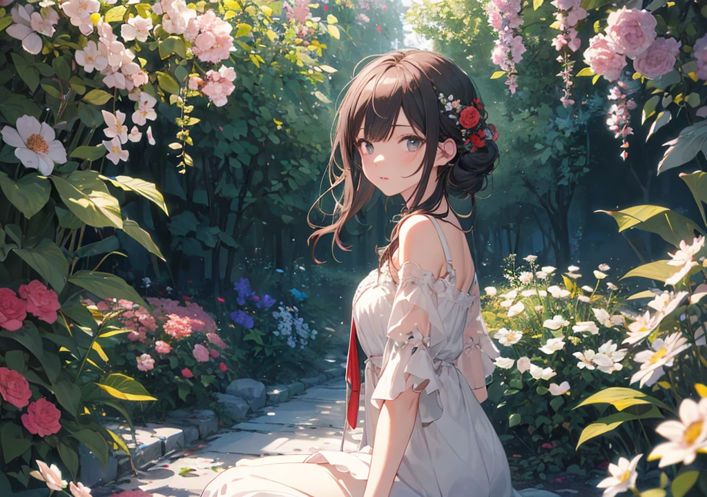 Realistic photos, Focus distance 10mm, Red and white, Beautiful girl, Realistic photos, Shooting at focus distance 10mm, masterpiece, 最high quality, high quality, Very detailed CG 8k wallpaper unit, Award-winning photography, Depth of written boundary, High resolution, bloom, chromatic aberration, Realistic, Very detailed, Art Station Trends, CGsociety Trends, Complex, High detail, dramatic, Art on the go, volumetric lighting, A beautiful girl in the style of a Disney princess is meditating in a secret garden. Hidden away amongst beautiful flowers, a calming and elegant garden, with a small spring in the background, creating a serene atmosphere, Shooting from the side, The face is straight