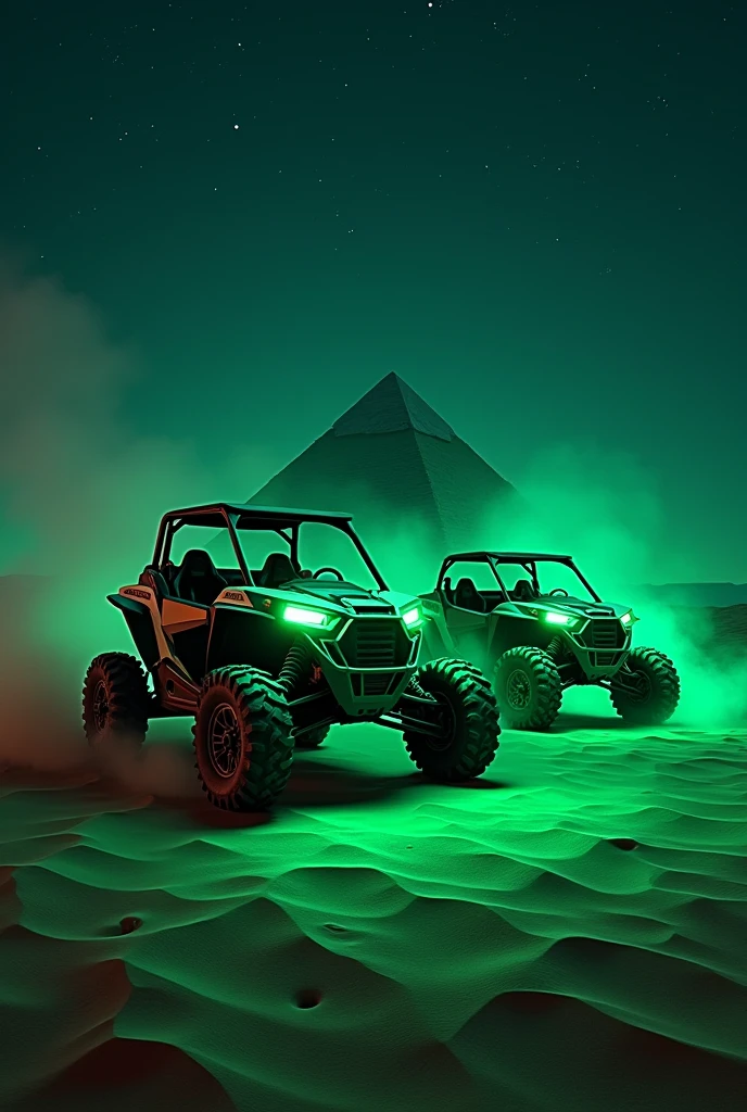Two RZRs in Egypt in front of the Giza pyramid at night and all with green neon lights and stars in the sky