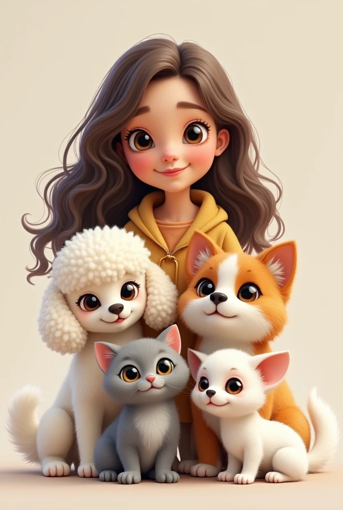 (First put a 23 year old girl with brown wavy hair combed to one side, slightly broad forehead and large brown eyes, Medium mouth with the lower lip slightly larger than the upper lip, chubby with slightly pink cheeks and short neck, with a wide texture; Second, put a white but flat poodle with ears that go from white to very light brown.; Third, put a light gray cat with white that goes from the eyes like a line and expands throughout the snout., with a pink nose and not so clear green eyes; Fourth, put a small, short-haired, white Chihuahua with only one eye and a brown circle around the eye.