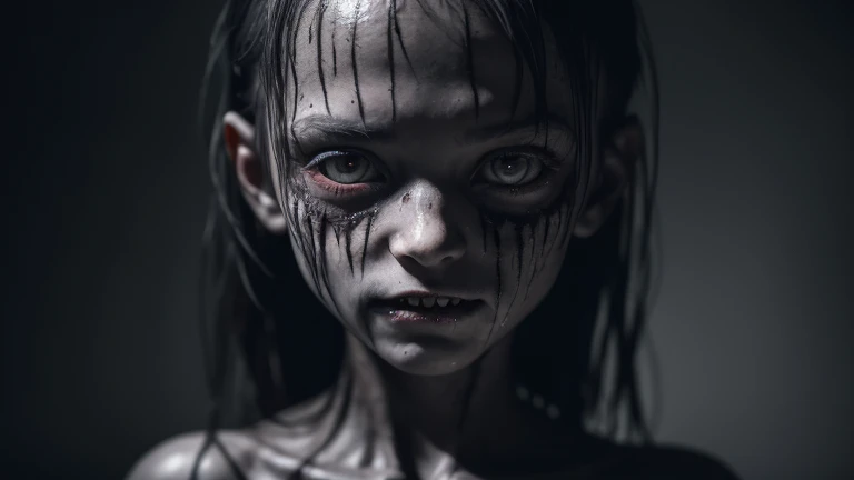 a creepy detailed little bogieman girl, naked, long sharp teeth, dark shadowy eyes, sinister smile, dark mysterious background, dark eerie atmosphere, dramatic chiaroscuro lighting, dark fantasy, gothic, horror, (best quality,4k,8k,highres,masterpiece:1.2),ultra-detailed,(realistic,photorealistic,photo-realistic:1.37)