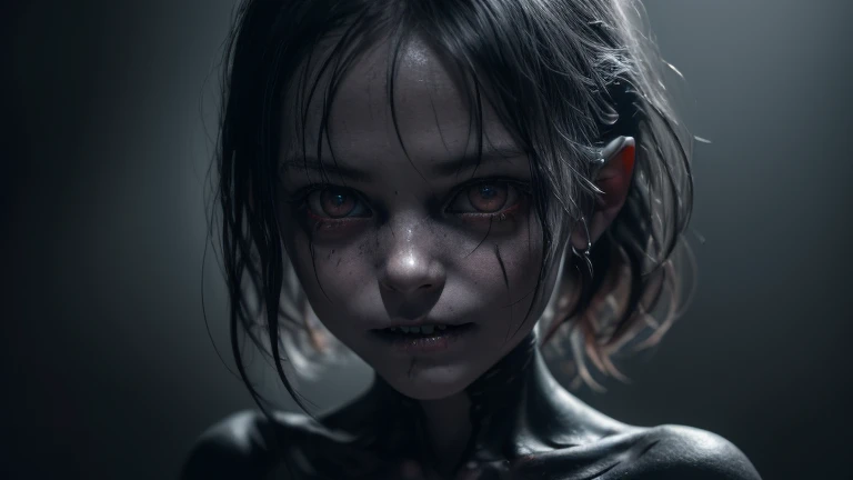 a creepy detailed little bogieman girl, naked, long sharp teeth, dark shadowy eyes, sinister smile, dark mysterious background, dark eerie atmosphere, dramatic chiaroscuro lighting, dark fantasy, gothic, horror, (best quality,4k,8k,highres,masterpiece:1.2),ultra-detailed,(realistic,photorealistic,photo-realistic:1.37)