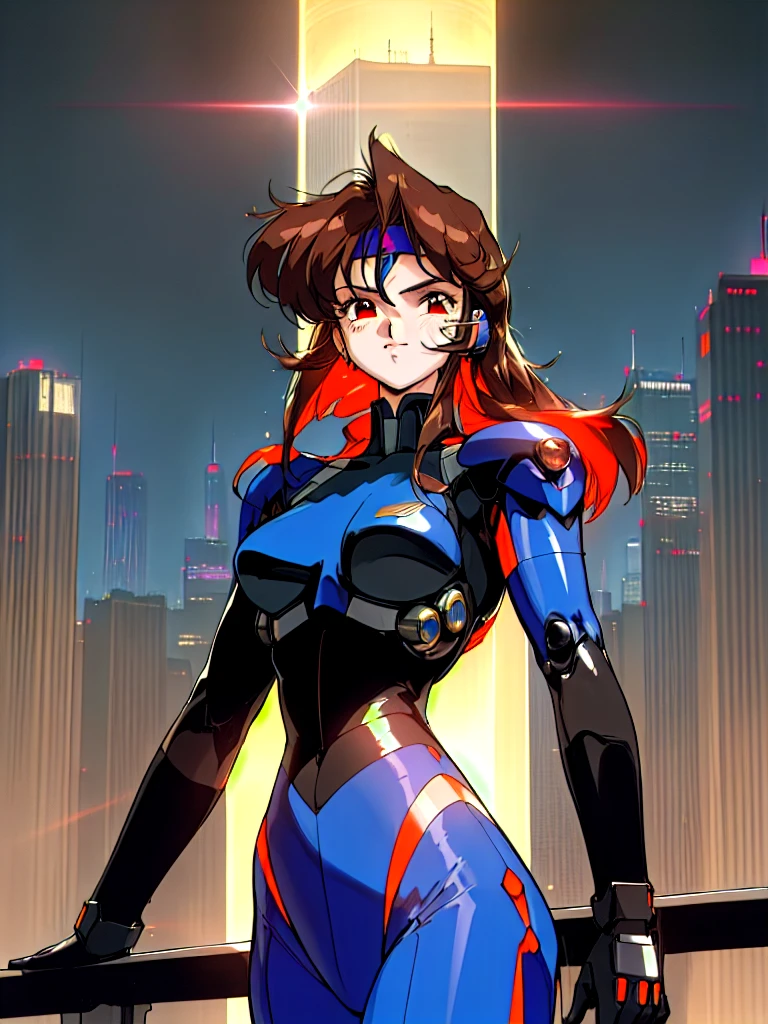 Kenichi Sonoda, retro art-style, 90s Japanese Anime Style, "bubblegum crisis", Sci-fi, Cyberpunk, Neon, (Amid the neon-soaked skyline of towering skyscrapers in mega Tokyo, 20-year-old anime beauty Priss stands alone on a gleaming skyscraper spire, bathed in the dazzling glow of the full moon. Her striking features are accentuated by a dark blue metal hard suit adorned with vibrant orange lines inspired by Syd Mead's industrial machine designs. Her brown medium-length hair frames her piercing gaze while she flashes a confident smile at the viewer. With fearless determination etched on her face, Priss is imposing and her entire presence exudes an aura of cool, stylish elegance. The smooth curves of her shadow, backlit by the moon, create a captivating silhouette, showcasing her unparalleled charm. (She takes off her uncomfortable full-face headset and lets her hair flow freely in the cool night breeze.), A beauty under the watchful eye of the city's towering skyscrapers.), 1girl, solo, The main character, "Priss", 20yo, anime beauty, Cool beauty, Unparalleled beauty, Brown medium length hair, forehead, red eyes, Cold and sharp eyes, harsh brushstrokes, dramatic lighting, A dark blue metal hard suit with orange lines has a sophisticated design, fearless look, an expression of ridicule, smile, Standing alone in the backlight, she looks cool and stylish, Standing, (looking at viewer), (Extreme close-up photography of upper body:1.2), from below, Depth of field, character focus, (masterpiece, Award-winning work, extreme quality, ultra high definition, all intricate, overall detailed, very aesthetic, boast pompously, focus on entire screen, asymmetrical, raytraced, caustics, textile shading, incredibly absurd resolution, absolutely resolution, ultra high resolution, professional, vivid colors, 16k, perfect anatomy, ideal facial features, Beautifully detailed face, Beautifully detailed eyes, ideally proportioned figure, perfectly beautiful body),
