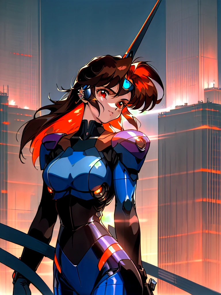 Kenichi Sonoda, retro art-style, 90s Japanese Anime Style, "bubblegum crisis", Sci-fi, Cyberpunk, Neon, (Amid the neon-soaked skyline of towering skyscrapers in mega Tokyo, 20-year-old anime beauty Priss stands alone on a gleaming skyscraper spire, bathed in the dazzling glow of the full moon. Her striking features are accentuated by a dark blue metal hard suit adorned with vibrant orange lines inspired by Syd Mead's industrial machine designs. Her brown medium-length hair frames her piercing gaze while she flashes a confident smile at the viewer. With fearless determination etched on her face, Priss is imposing and her entire presence exudes an aura of cool, stylish elegance. The smooth curves of her shadow, backlit by the moon, create a captivating silhouette, showcasing her unparalleled charm. (She takes off her uncomfortable full-face headset and lets her hair flow freely in the cool night breeze.), A beauty under the watchful eye of the city's towering skyscrapers.), 1girl, solo, The main character, "Priss", 20yo, anime beauty, Cool beauty, Unparalleled beauty, Brown medium length hair, forehead, red eyes, Cold and sharp eyes, harsh brushstrokes, dramatic lighting, A dark blue metal hard suit with orange lines has a sophisticated design, fearless look, an expression of ridicule, smile, Standing alone in the backlight, she looks cool and stylish, Standing, (looking at viewer), (Extreme close-up photography of upper body:1.2), from below, Depth of field, character focus, (masterpiece, Award-winning work, extreme quality, ultra high definition, all intricate, overall detailed, very aesthetic, boast pompously, focus on entire screen, asymmetrical, raytraced, caustics, textile shading, incredibly absurd resolution, absolutely resolution, ultra high resolution, professional, vivid colors, 16k, perfect anatomy, ideal facial features, Beautifully detailed face, Beautifully detailed eyes, ideally proportioned figure, perfectly beautiful body),