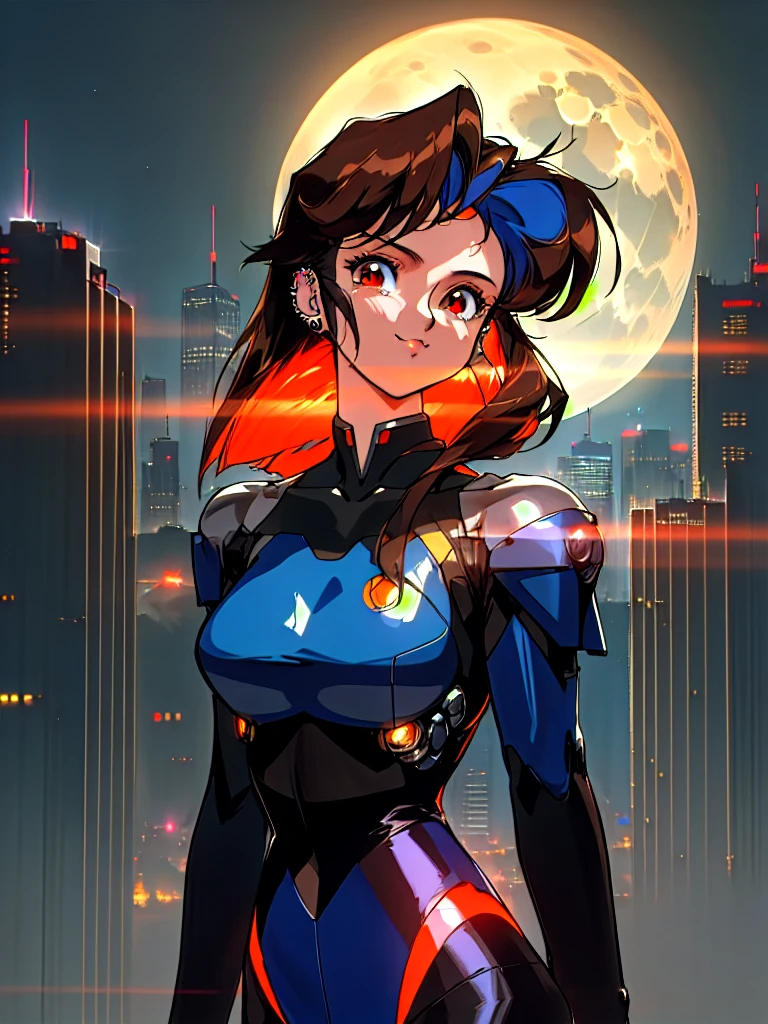 Kenichi Sonoda, retro art-style, 90s Japanese Anime Style, "bubblegum crisis", Sci-fi, Cyberpunk, Neon, (Amid the neon-soaked skyline of towering skyscrapers in mega Tokyo, 20-year-old anime beauty Priss stands alone on a gleaming skyscraper spire, bathed in the dazzling glow of the full moon. Her striking features are accentuated by a dark blue metal hard suit adorned with vibrant orange lines inspired by Syd Mead's industrial machine designs. Her brown medium-length hair frames her piercing gaze while she flashes a confident smile at the viewer. With fearless determination etched on her face, Priss is imposing and her entire presence exudes an aura of cool, stylish elegance. The smooth curves of her shadow, backlit by the moon, create a captivating silhouette, showcasing her unparalleled charm. (She takes off her uncomfortable full-face headset and lets her hair flow freely in the cool night breeze.), A beauty under the watchful eye of the city's towering skyscrapers.), 1girl, solo, The main character, "Priss", 20yo, anime beauty, Cool beauty, Unparalleled beauty, Brown medium length hair, forehead, red eyes, Cold and sharp eyes, harsh brushstrokes, dramatic lighting, A dark blue metal hard suit with orange lines has a sophisticated design, fearless look, an expression of ridicule, smile, Standing alone in the backlight, she looks cool and stylish, Standing, (looking at viewer), (Extreme close-up photography of upper body:1.2), from below, Depth of field, character focus, (masterpiece, Award-winning work, extreme quality, ultra high definition, all intricate, overall detailed, very aesthetic, boast pompously, focus on entire screen, asymmetrical, raytraced, caustics, textile shading, incredibly absurd resolution, absolutely resolution, ultra high resolution, professional, vivid colors, 16k, perfect anatomy, ideal facial features, Beautifully detailed face, Beautifully detailed eyes, ideally proportioned figure, perfectly beautiful body),
