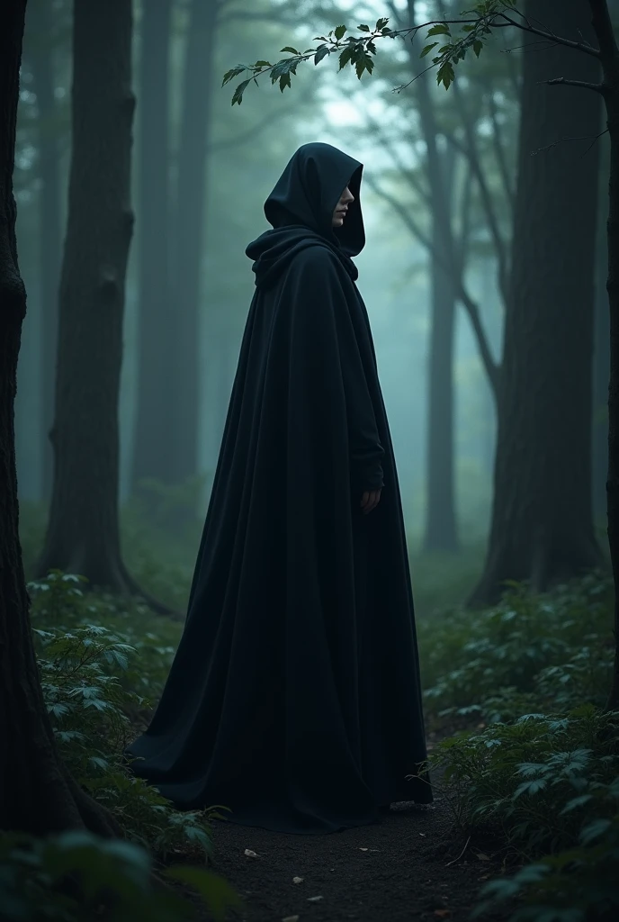 Mysterious woman wearing a black cloak that doesn&#39;t show her face, she is in the darkness of the forest