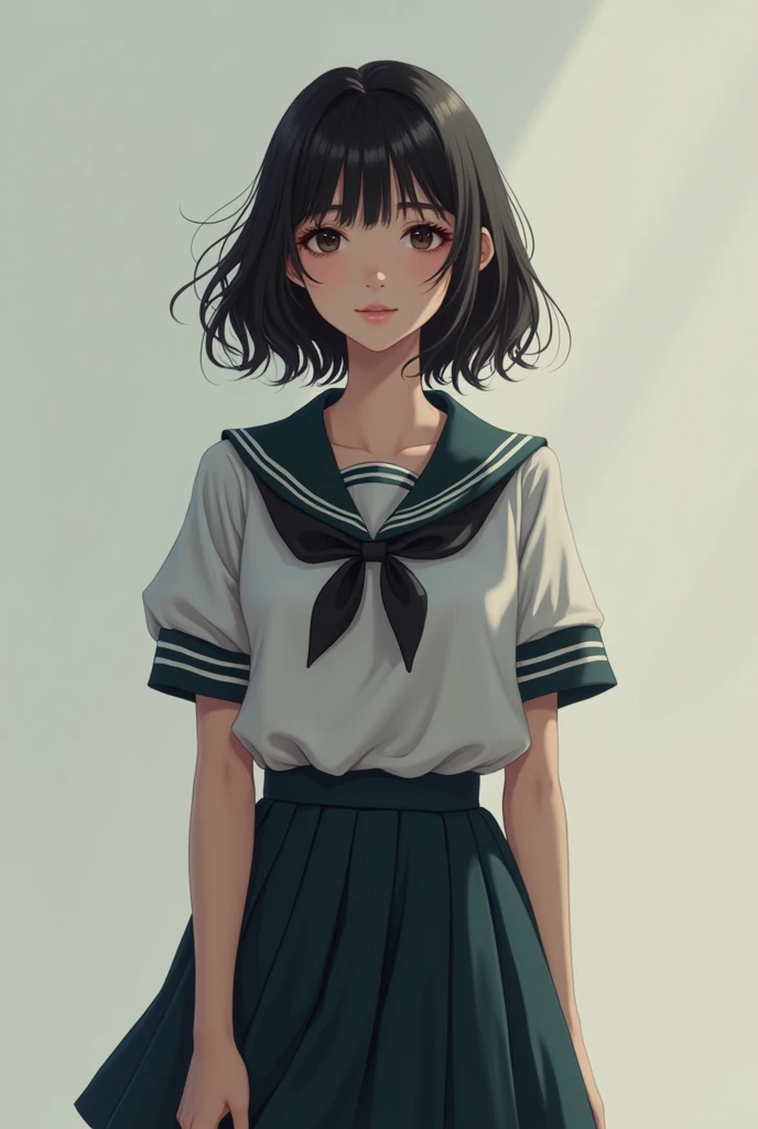 Make a short woman, very beautiful with loose hair in a school uniform that covers her entire body 