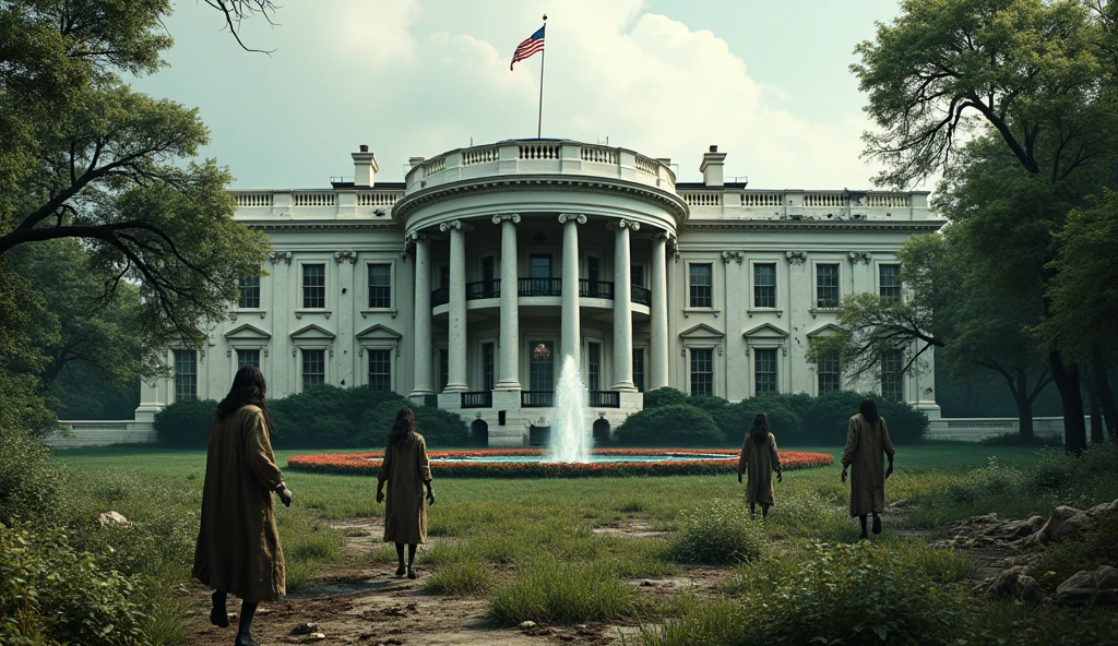 American white house, damaged, abandoned, and many wild plants cover the walls of the building. zombie