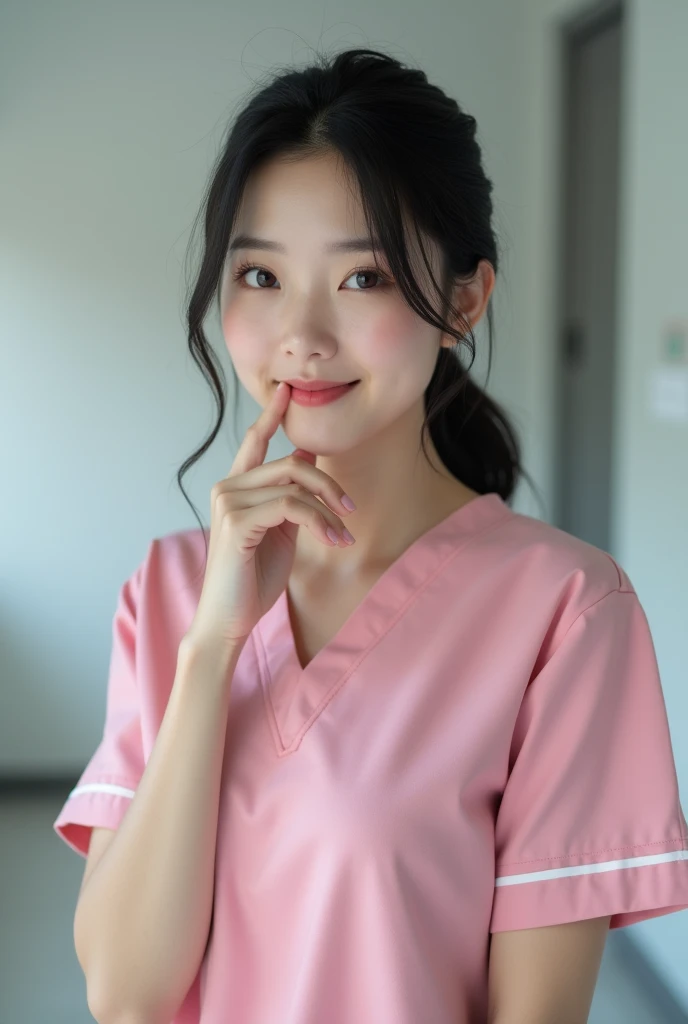 photograph, cowboy shot, woman with palm under chin facing upwards, smiling beautiful Japanese female nurse wearing pink nurse dress, hourglass figure, beautiful detailed face, black hair, pale skin, fair skin, realistic skin, detailed cloth texture, detailed hair texture, Perfect proportion, Anatomically correct, Highly detailed face and skin texture, private modern hospital room, looking at viewer, asian face , perfect anatomy, realistic