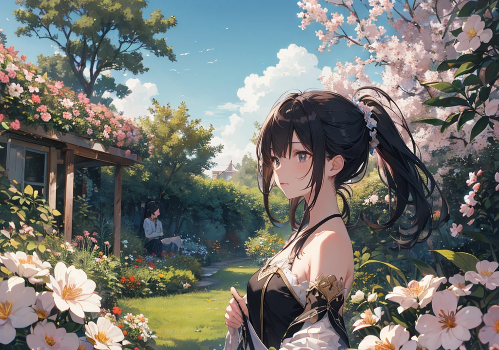 Realistic photos, Focus distance 10mm, Red and white, Beautiful girl, Realistic photos, Shooting at focus distance 10mm, masterpiece, 最high quality, high quality, Very detailed CG 8k wallpaper unit, Award-winning photography, Depth of written boundary, High resolution, bloom, chromatic aberration, Realistic, Very detailed, Art Station Trends, CGsociety Trends, Complex, High detail, dramatic, Art on the go, volumetric lighting, A beautiful girl in the style of a Disney princess is meditating in a secret garden. Hidden away amongst beautiful flowers, a calming and elegant garden, with a small spring in the background, creating a serene atmosphere, Shooting from the side, profile