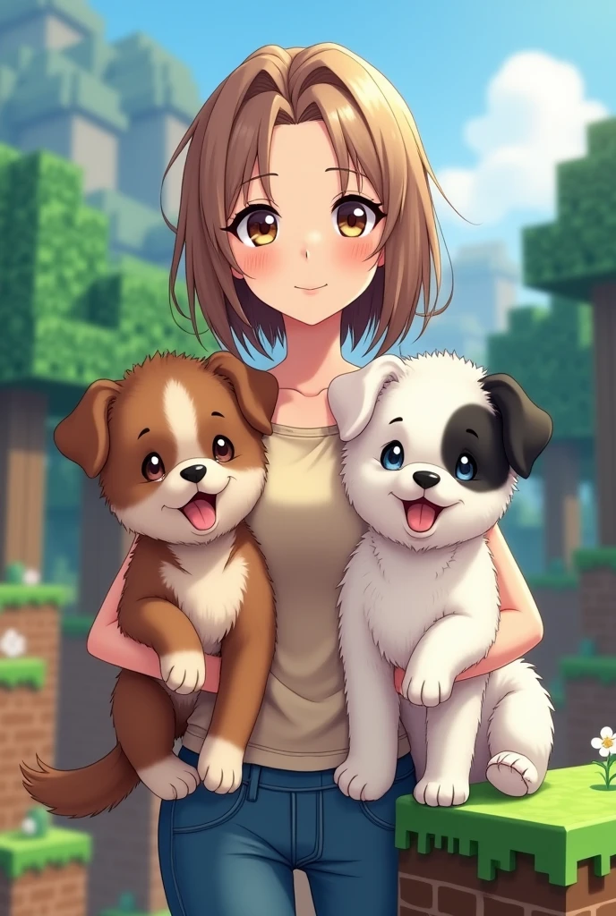 I want a souvenir photo, Of my two puppies, one was a year and a half old and brown, and the other was 2 months old and white with black spots., together with me, 21 year old woman, light brunette, small black hair, Brown eyes, round face, that looks like behind a Minecraft sale, Let us see a landscape behind us, that it is style like anime