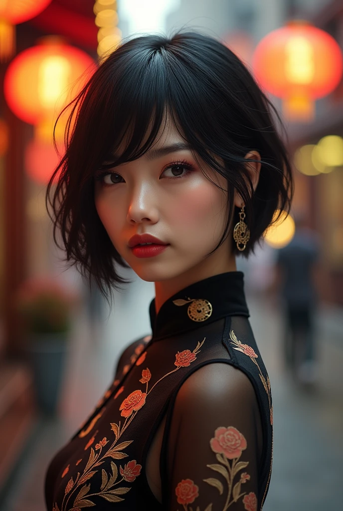 A Chinese female model with sharp eyes and black hair, wearing a cheongsam, fair skin, in Yaowarat, with short hair, a high nose, and a pouty face.