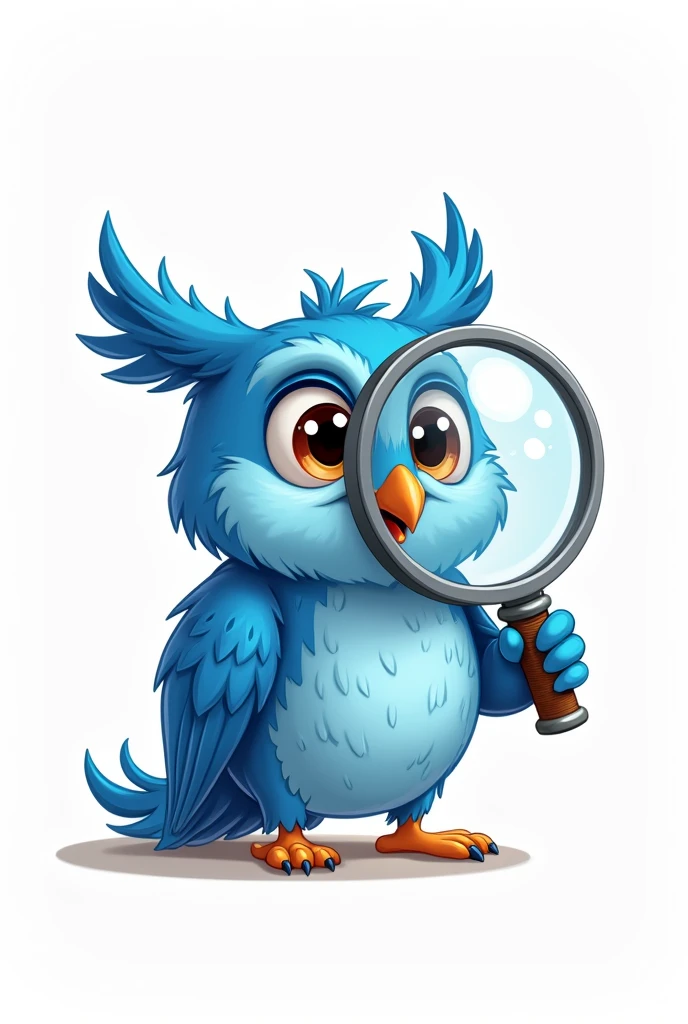 cartoon blue owl holding really big magnifyingn glass zoomed to the whole paper. one of the right eye is inside the magnifying glass less ai looking. 