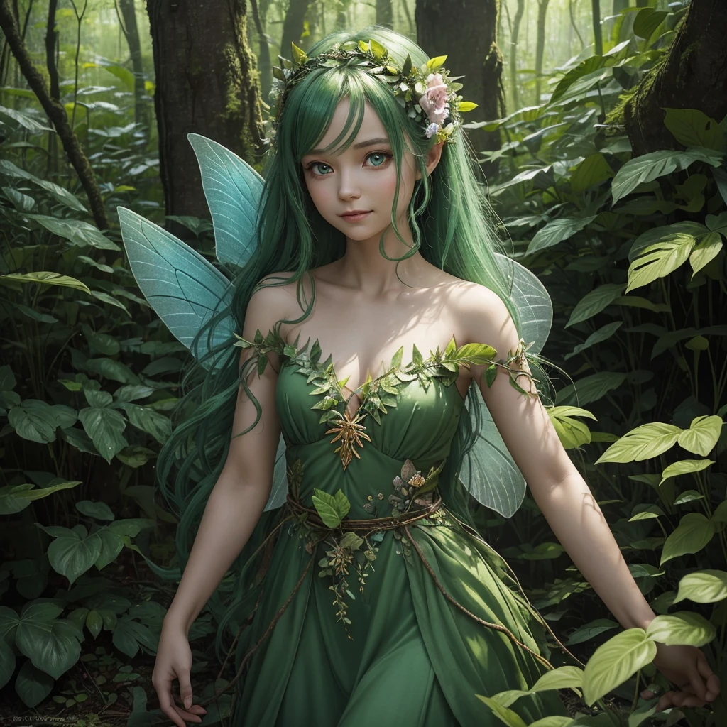 "A small Leaf Fairy, only  cm tall, emerging from the depths of a lush forest. She has flowing green hair, delicate wings resembling leaves and flowers, and eyes that exude the vitality of nature. Although she appears to be in her early 20s, her true age is unknown, adding to her enigmatic aura. She is dressed in modest, plant-based clothing that emphasizes her deep connection with the earth. The fairy has a gentle and calm expression with a motherly smile that radiates warmth and serenity. The background features a vibrant, enchanting forest with trees and foliage, creating a mystical atmosphere as the tiny fairy emerges from the natural surroundings."