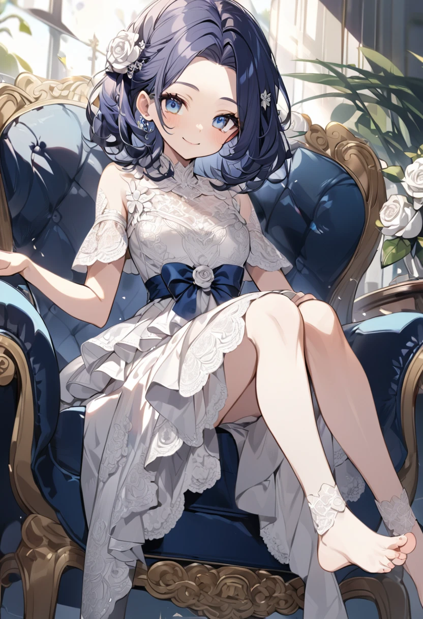 forehead,skin foot,dark blue hair,fluffy bob hair,cute lady,white Elaborately made dress with white rose lace,sit on chair,forehead,dark blue eyes,smile,